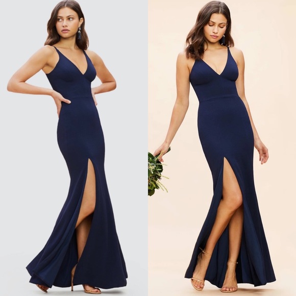 DRESS THE POPULATION Iris V-Neck Side Slit Gown SIZE m medium midnight blue